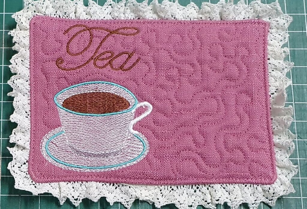 Cup coaster Tea cup mug rug 5×7 design files ITHWL In the Hoop with Lee